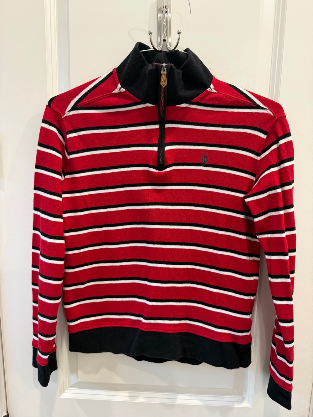 Polo by Ralph Lauren Red, Black & White Striped Zip-Neck Sweater